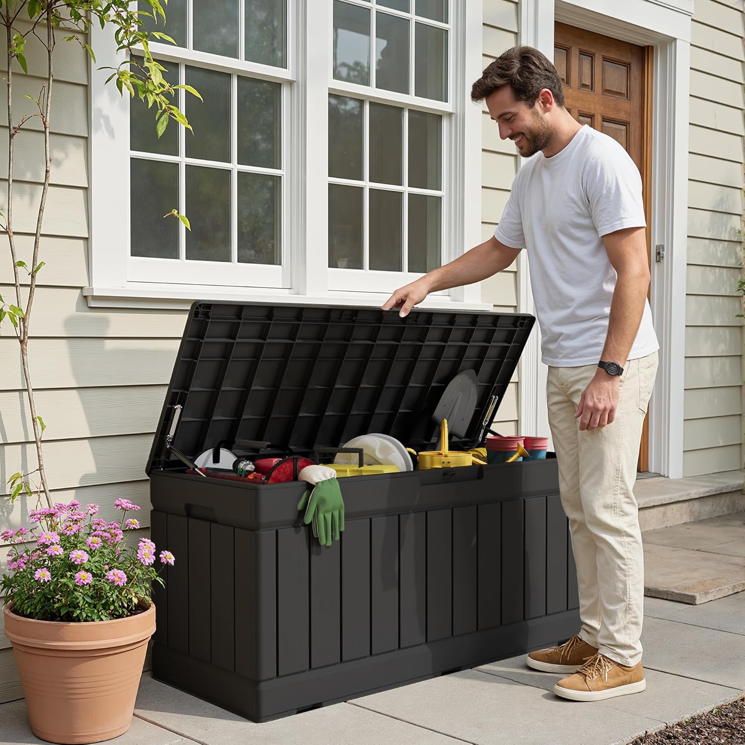 Devoko 78 Gallon Deck Box, Waterproof Resin Outdoor Storage Box for Outside and Patio, Outdoor Storage Bench Lockable for Patio Furniture, Garden Tools and Pool Supplies (Black, 78 Gallon) - Image 6
