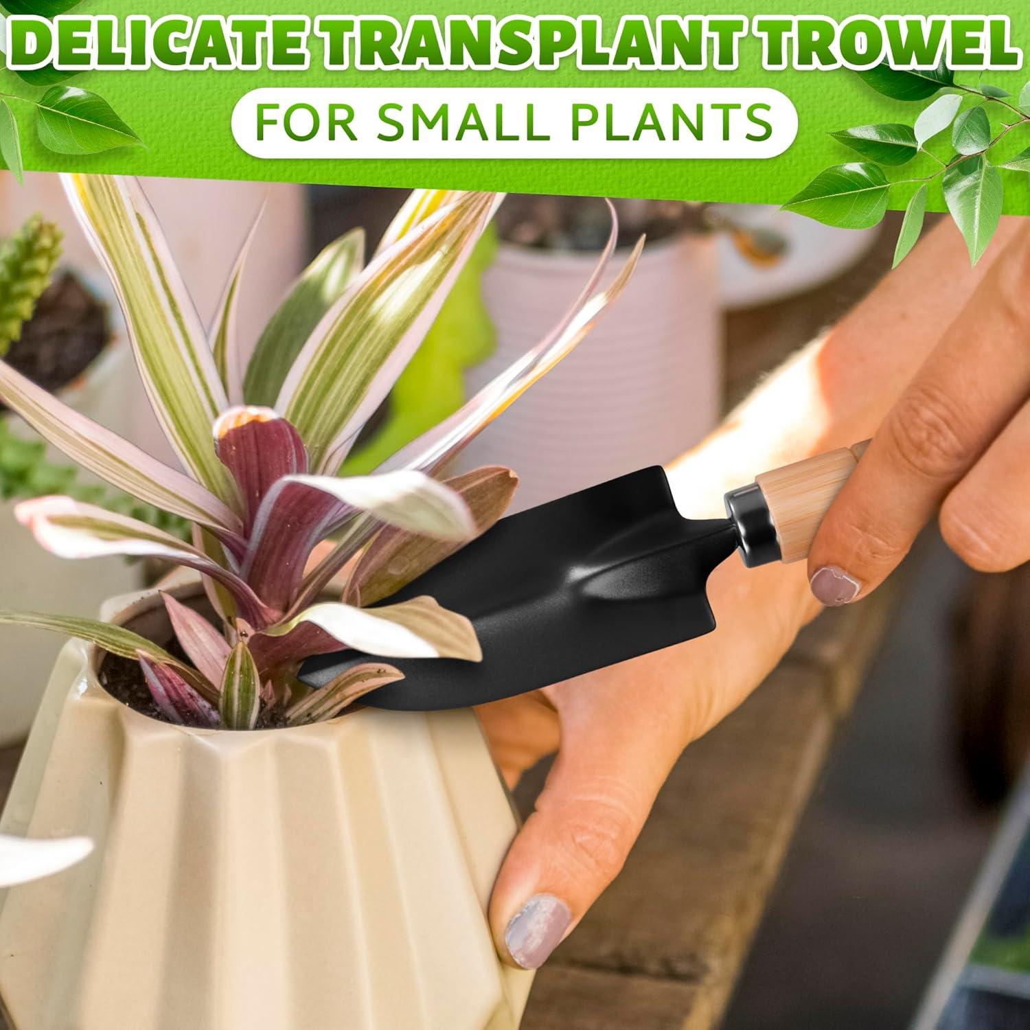 Small Garden Tools - 3 Pcs Mini Garden Tools Set with Small Trowel, Mini Shovel & Hand Rake Made of Rust-Resistant Iron & Solid Wood - Indoor Gardening Tools Set for Succulent, Bonsai & Pot Plants - Image 9