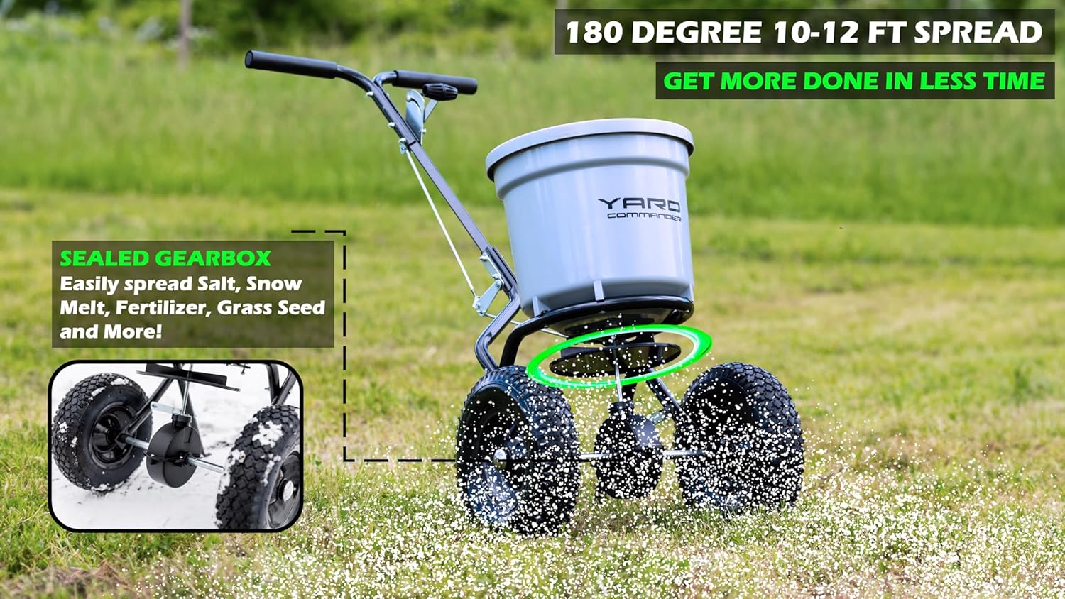Yard Commander - Commercial 50 LB Walk-Behind Push Broadcast Spreader - 10-12 Foot Spread - Fertilizer, Ice Melt & Grass Seed - Clog Free Design - Fully Enclosed Gear Box - Adjustable Drop Rate - Image 3