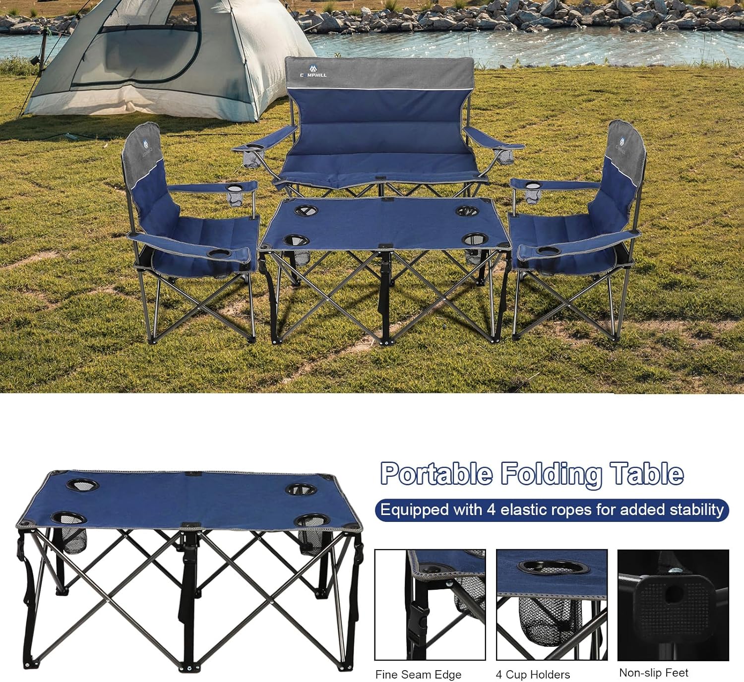 CAMPHILL Camping Chair Set of 3, Outdoor Folding Camping Chairs for Heavy People with Cup Holder & Carry Bag,Collapsible Chair Include One Sofa Chair and Two Single Chair,Support up to 500lbs - Image 6