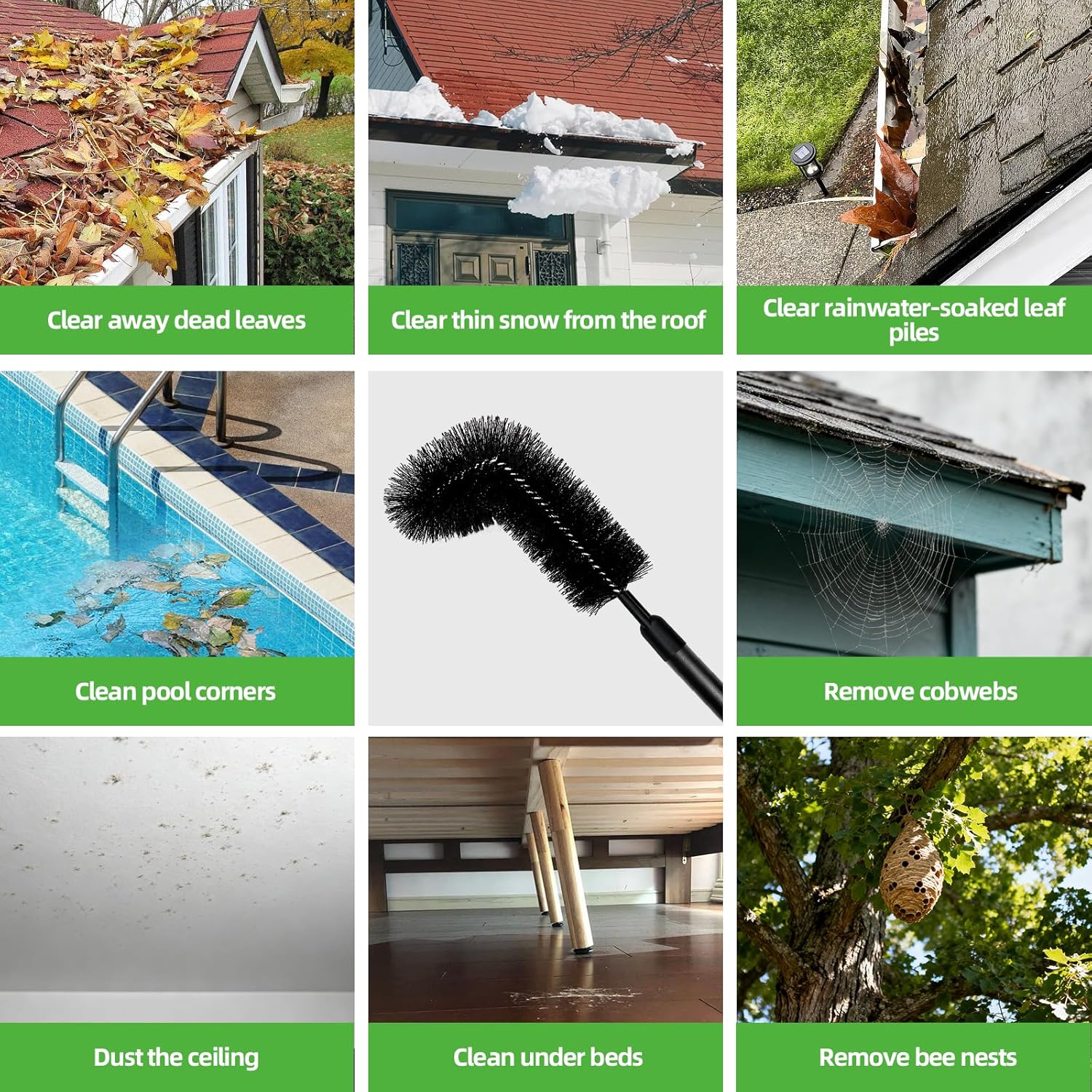 13FT Gutter Cleaner Tools, Long-Reach Rain Gutter Cleaning Brush, Removes Leaf Debris from Roof Gutters Without a Ladder, Leaf Cleaning Kit with 2 Brushes and Storage Bag, Black - Image 7