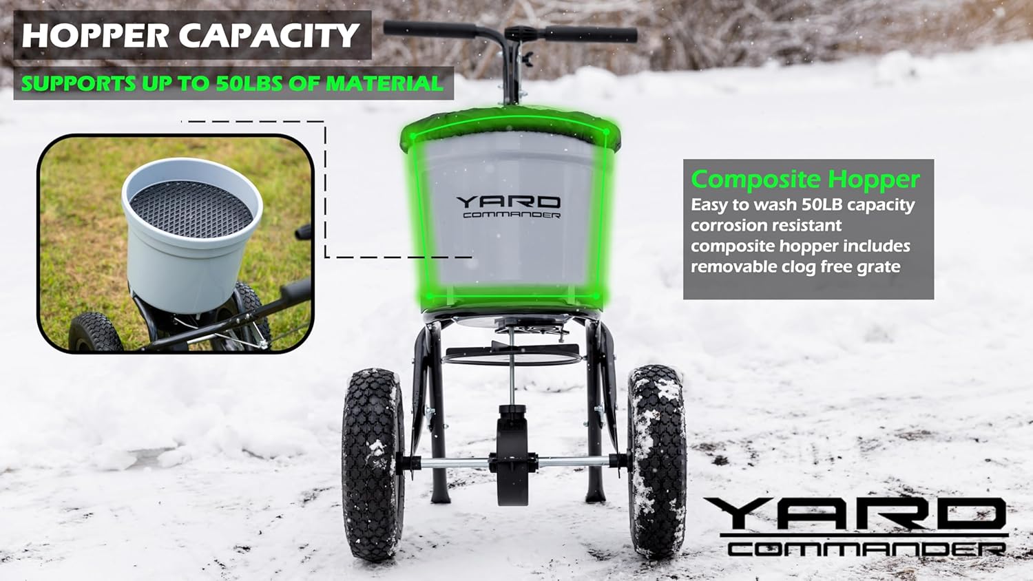 Yard Commander - Commercial 50 LB Walk-Behind Push Broadcast Spreader - 10-12 Foot Spread - Fertilizer, Ice Melt & Grass Seed - Clog Free Design - Fully Enclosed Gear Box - Adjustable Drop Rate - Image 4