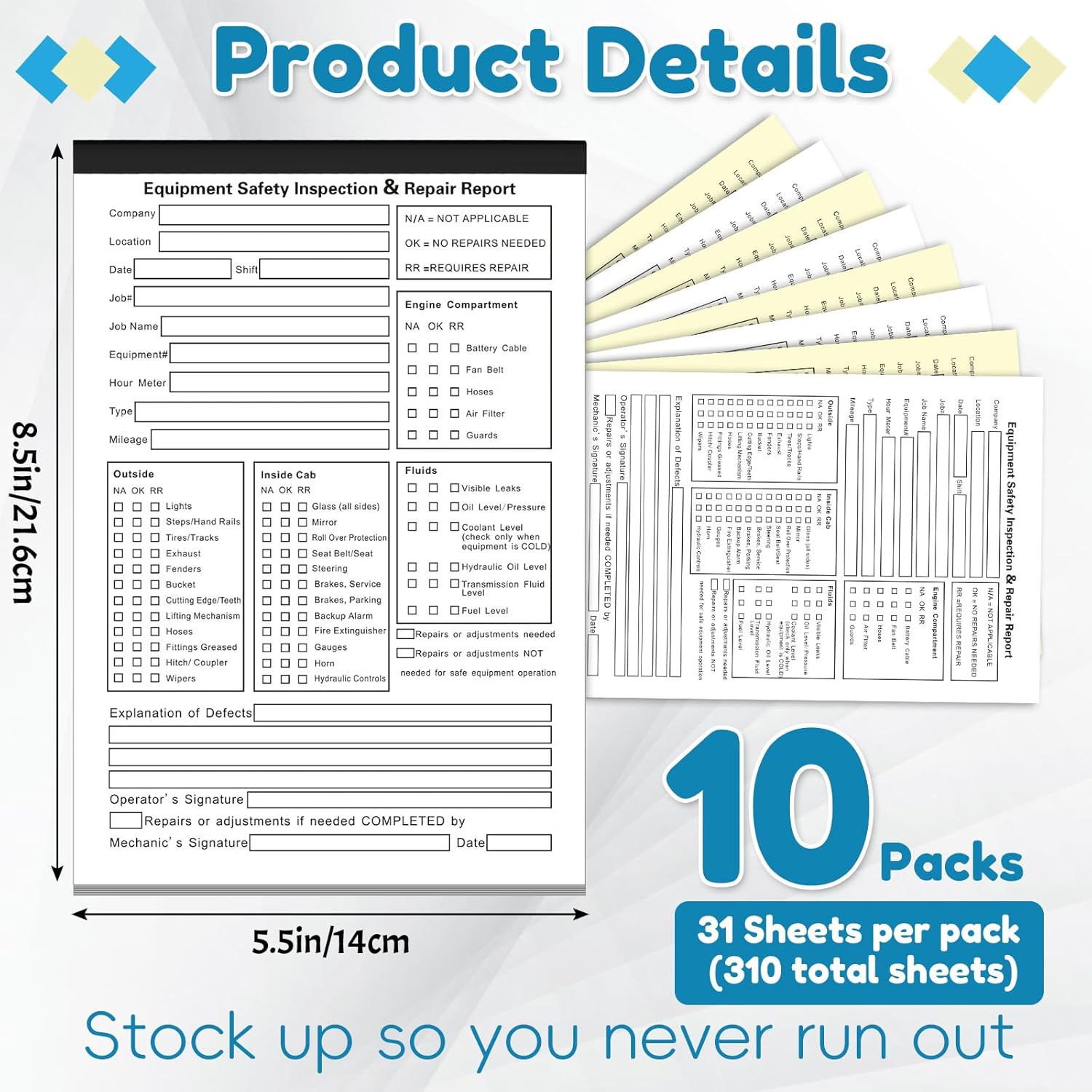 10 Pack 5.5" x 8.5" Equipment Safety Inspection Report Detailed Driver's Vehicle Inspection Report Book Daily Pre Trip 2-ply, Carbonless, 31 Sets of Forms Per Book - Image 2