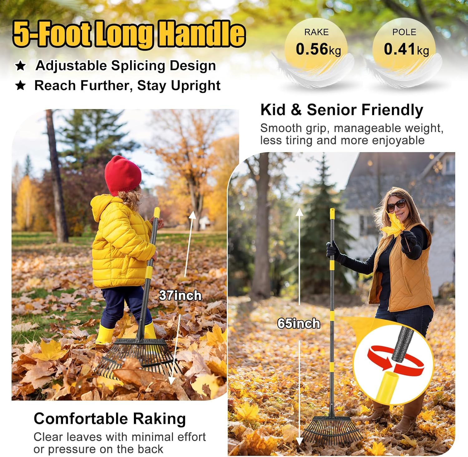 Garden Rake for Leaves: 18” Wide Metal Leaf Rake, 65” Long Adjustable Handle, Heavy Duty 25 Teeth, Fast Kids Women Large Lawn Yard Garden Leaf Cleanup Gardening Rakes: Grass,Debris,Pine Needles Pick - Image 3