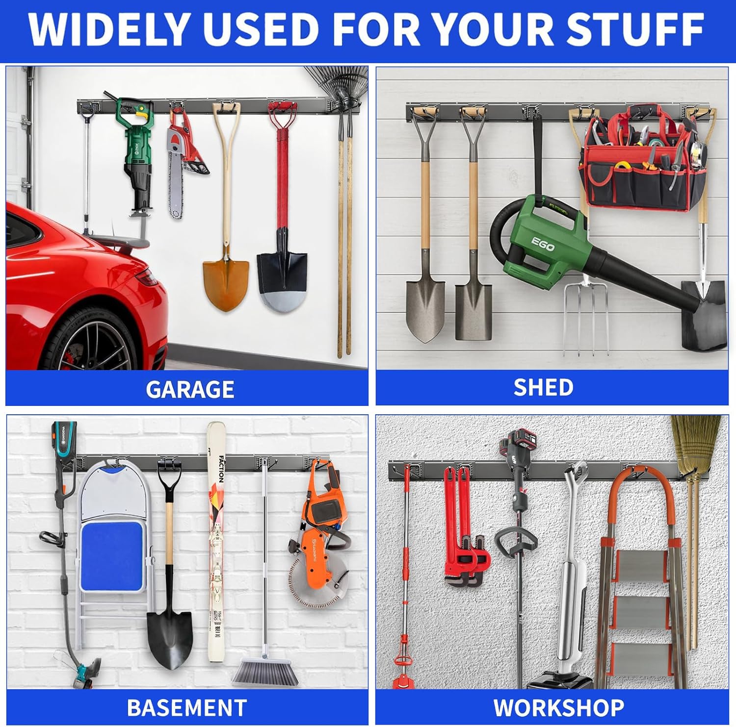 Garage Tool Organizer Wall Mount, 48inch Heavy Duty Garden Tool organizer Storage System, Easy Install With 6 Adjustable Straight Hooks, For Garage, Basement, Shed, Workshop(Black) - Image 4