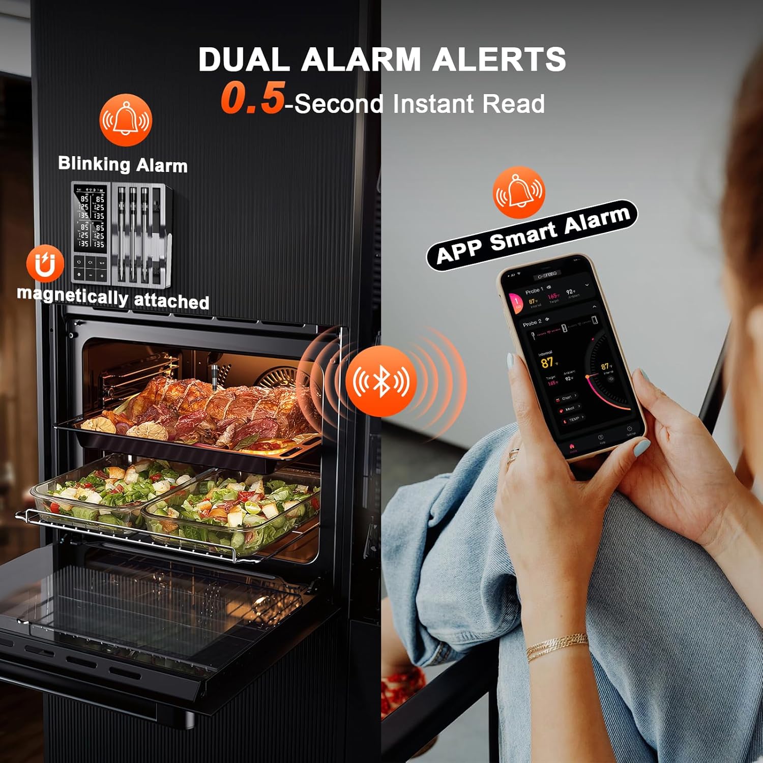 Wireless Meat Thermometer with Smart Timer & APP Alerts, 800ft Bluetooth Grill Food Thermometer, 4 X 0.19In Ultra Thin Probes, ±0.5℉ Accuracy, Big Digital Backlit Screen, for BBQ, Oven, Smoker - Image 6