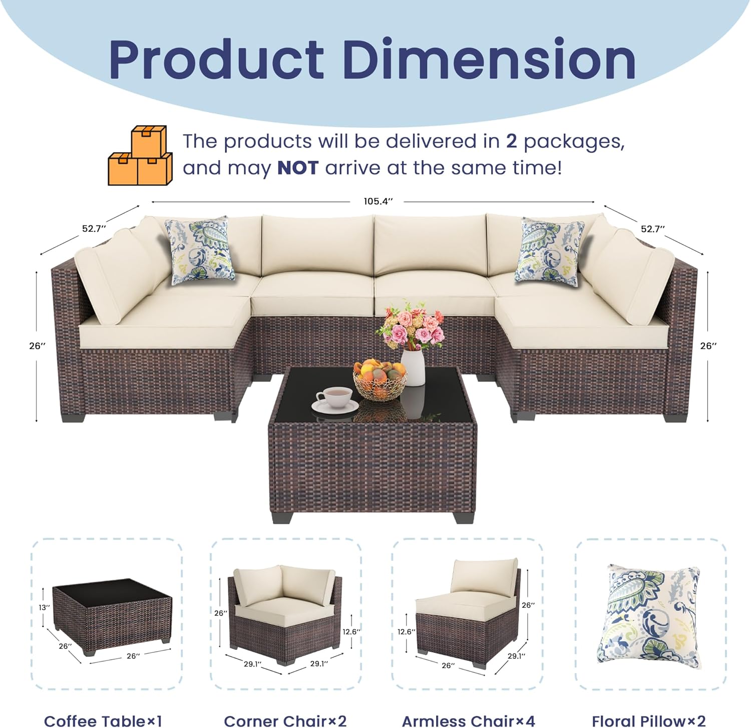 7 Piece Outdoor Patio Furniture Set, Outdoor Sectional Furniture, Rattan & Wicker Modern Modular Conversation Set Sectional Sofa W/Water Resistant Washable Thick Cushions and Coffee Table, Brown/Beige - Image 6