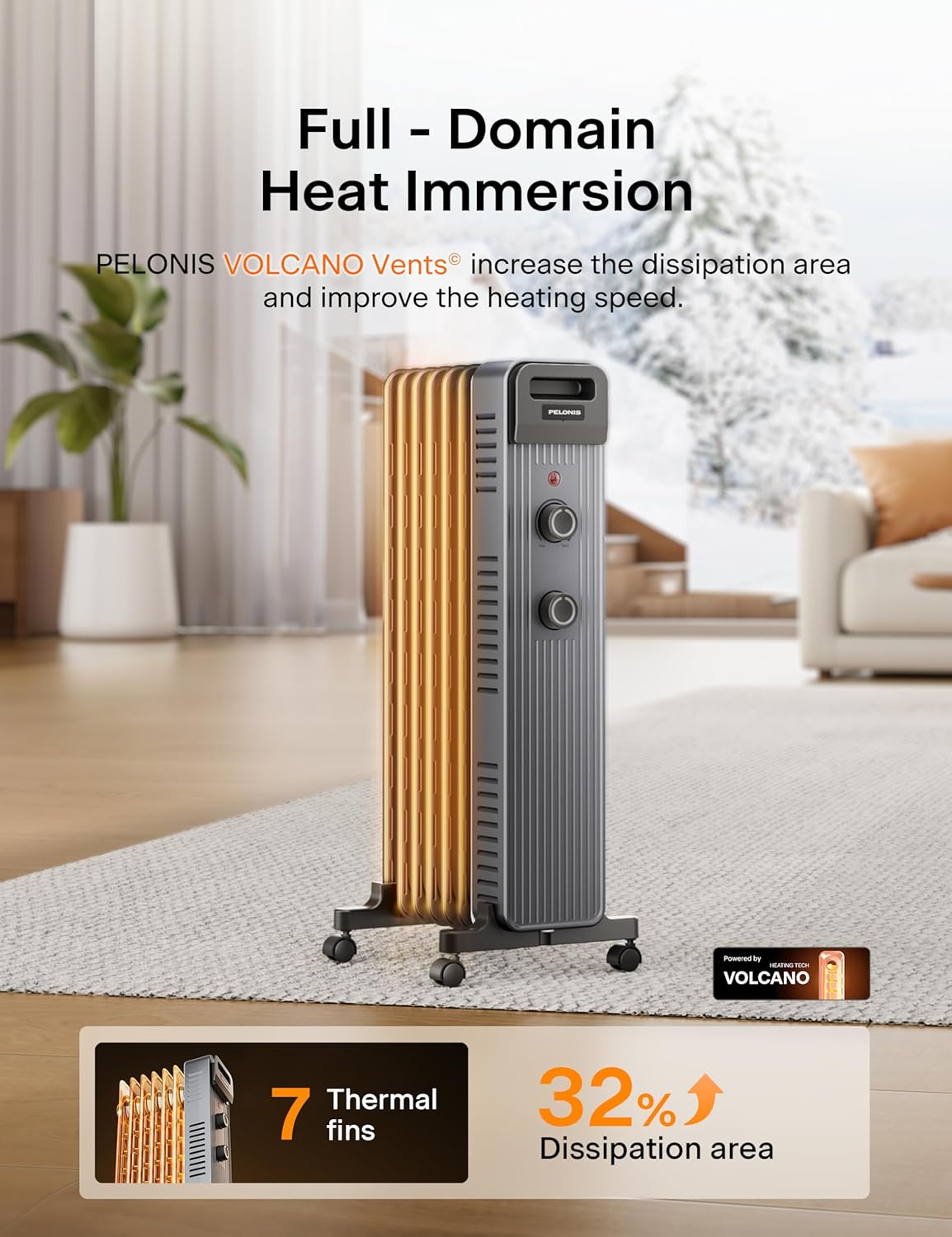 Pelonis Oil Filled Radiator Heater for Large Space, 2025 Upgraded, Space Heaters with 1500W Quiet Warmth Radiant Heater, 3 Heating Modes, Overheat & Tip-Over Protection, Adjustable Thermostat, Black - Image 2