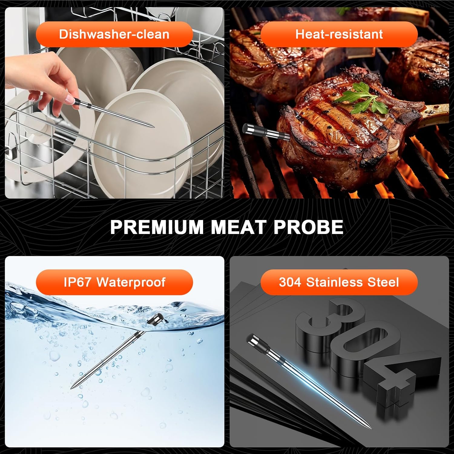 Wireless Meat Thermometer with Smart Timer & APP Alerts, 800ft Bluetooth Grill Food Thermometer, 4 X 0.19In Ultra Thin Probes, ±0.5℉ Accuracy, Big Digital Backlit Screen, for BBQ, Oven, Smoker - Image 8
