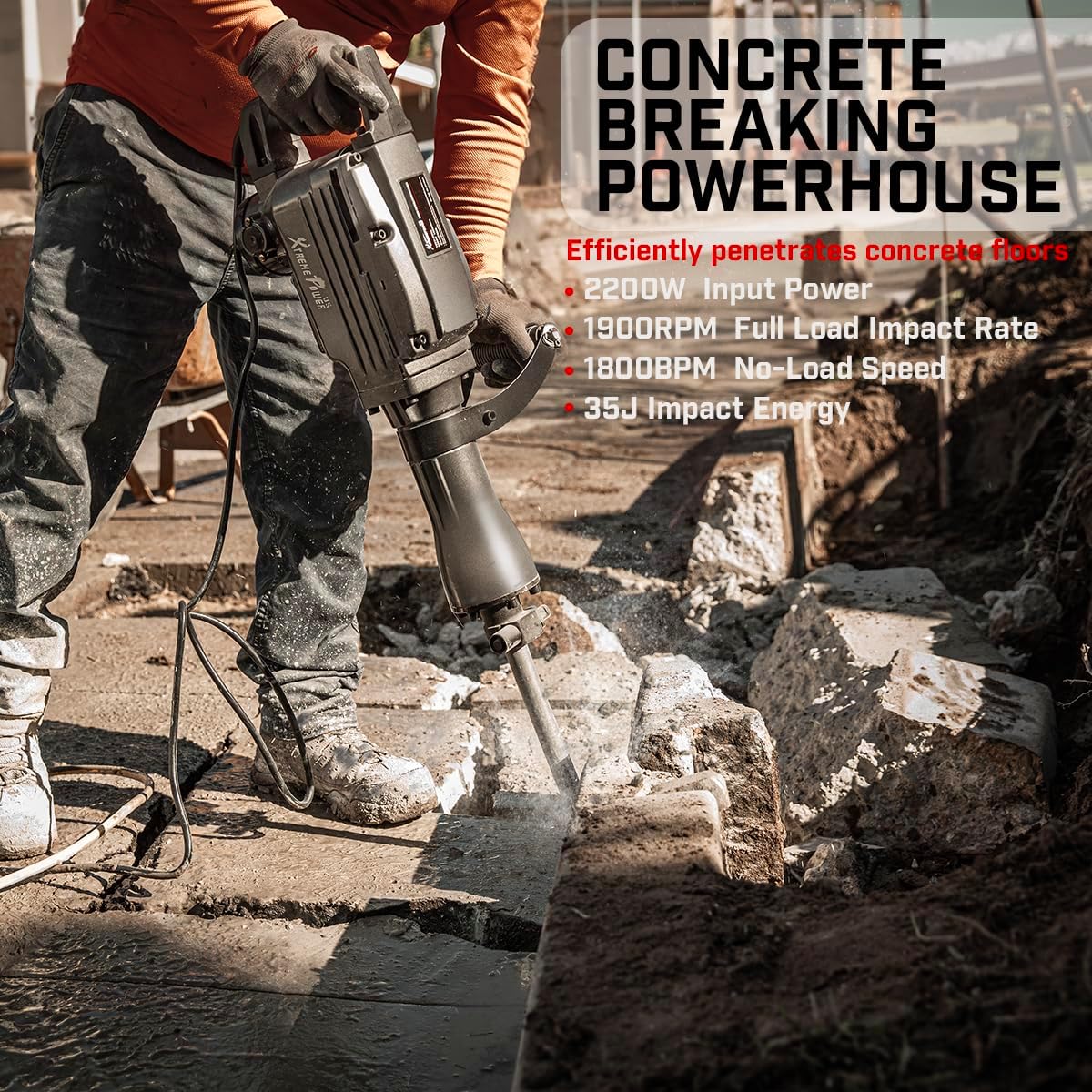 XtremepowerUS 2200W Demolition Electric Jack Hammer Floor Breaker Wood Metal Concrete Breaker High Impact include 2 Chisel Bits (Flat Chisel & Point Chisel) with Case - Image 2