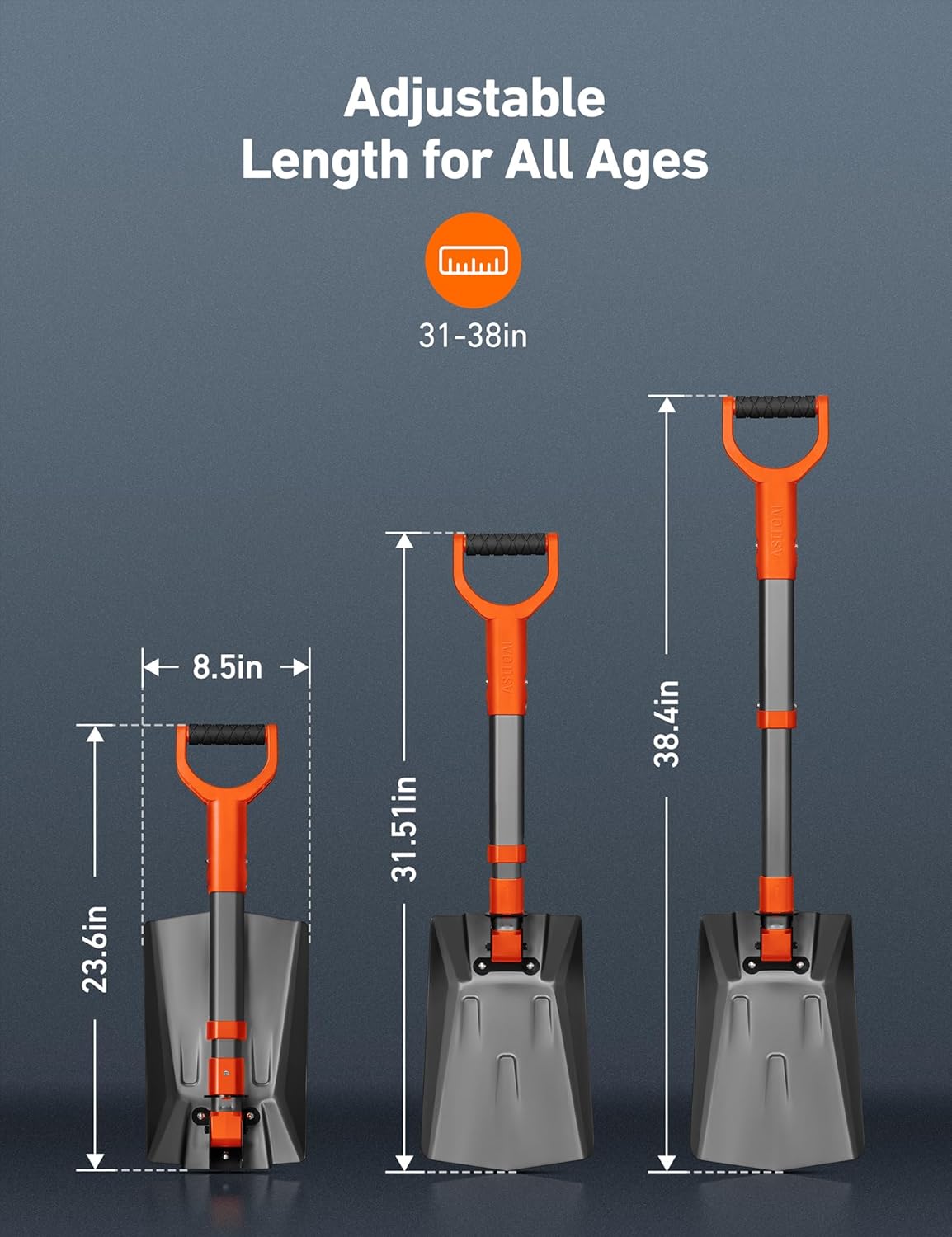AstroAI 38.4" Folding Snow Shovel for Car, Extendable Snow Shovel with Thickened Aluminum Handle and Reinforced Iron Hinge, Portable and Multifunctional for Driveway, Cars, Camping and Mud, Grey - Image 9
