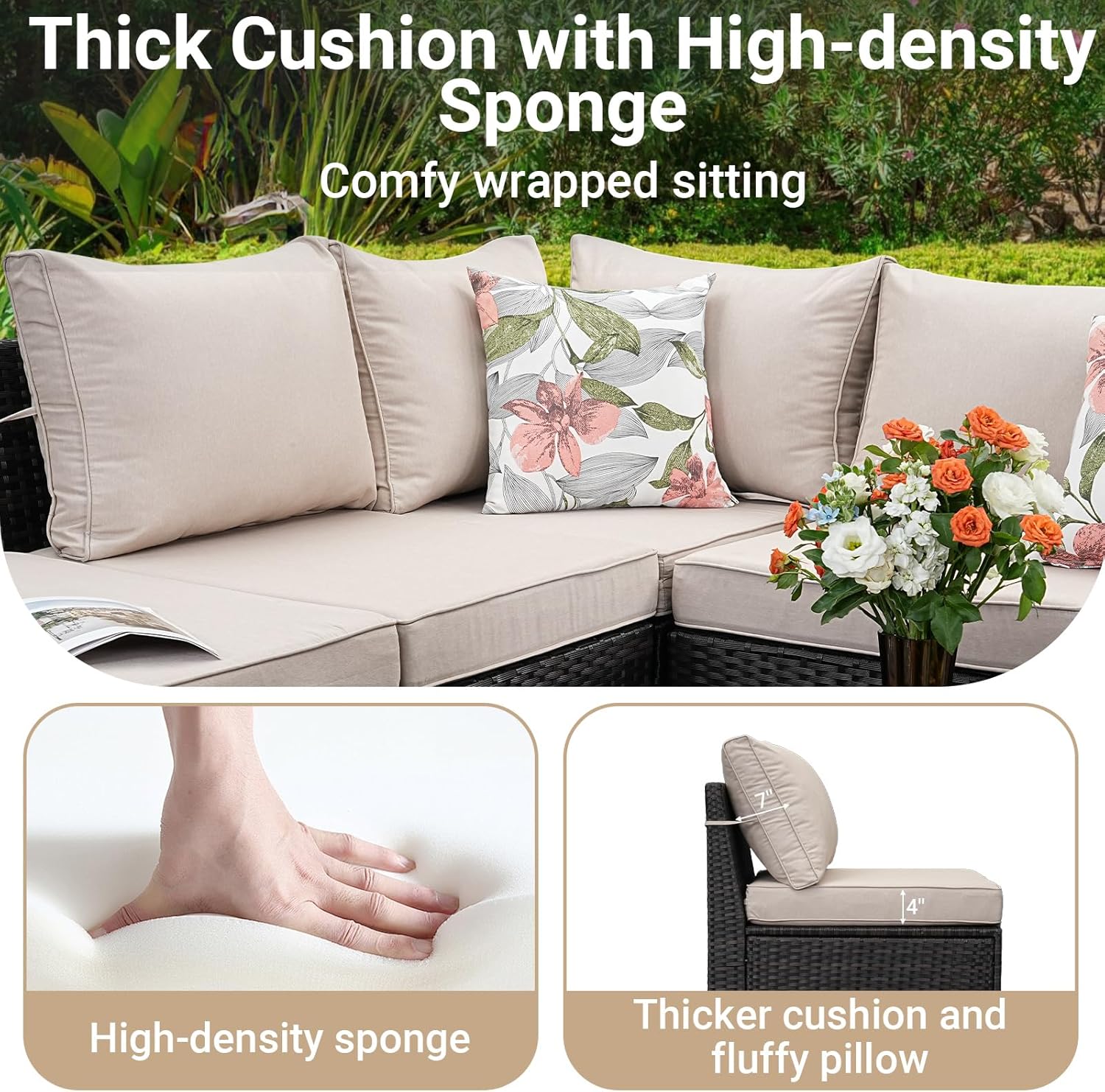 Jing's Villa 6-Piece Patio Furniture Set, All-Weather Outdoor Wicker Sectional Sofa with Cushions, Glass Table & Left and Right Armrest, Rattan Conversation Seating for Porch, Garden, Backyard,Beige - Image 4