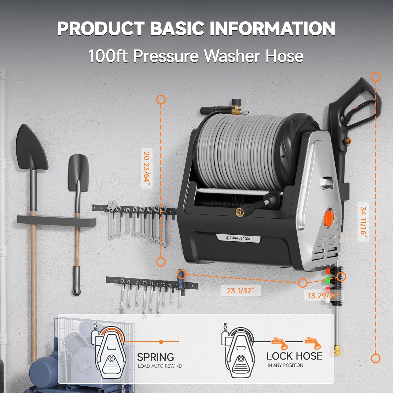 Giraffe Tools Grandfalls Wall Mount Pressure Washer Plus, Electric Power Washer with 1800W Motor, 4-Nozzles, Automatic Rewind, Any Length Lock, 100ft Pressure Hose - Image 3