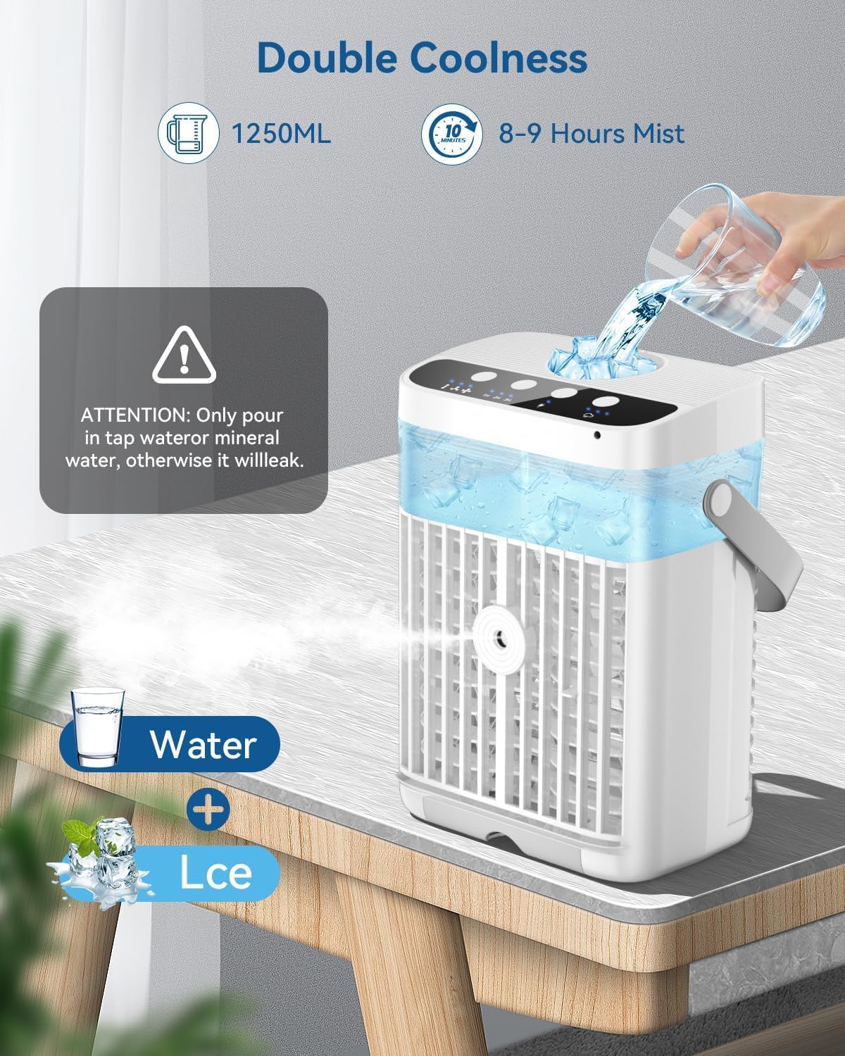 Portable Air Conditioners, 1250ml Mini Air Conditioner Portable Air Cooling Fan Air Cooler Fan with 3 Speeds & 1-3H Timer, Aire Acondicionado Portatil for Bedroom Room Office Desk - Image 6