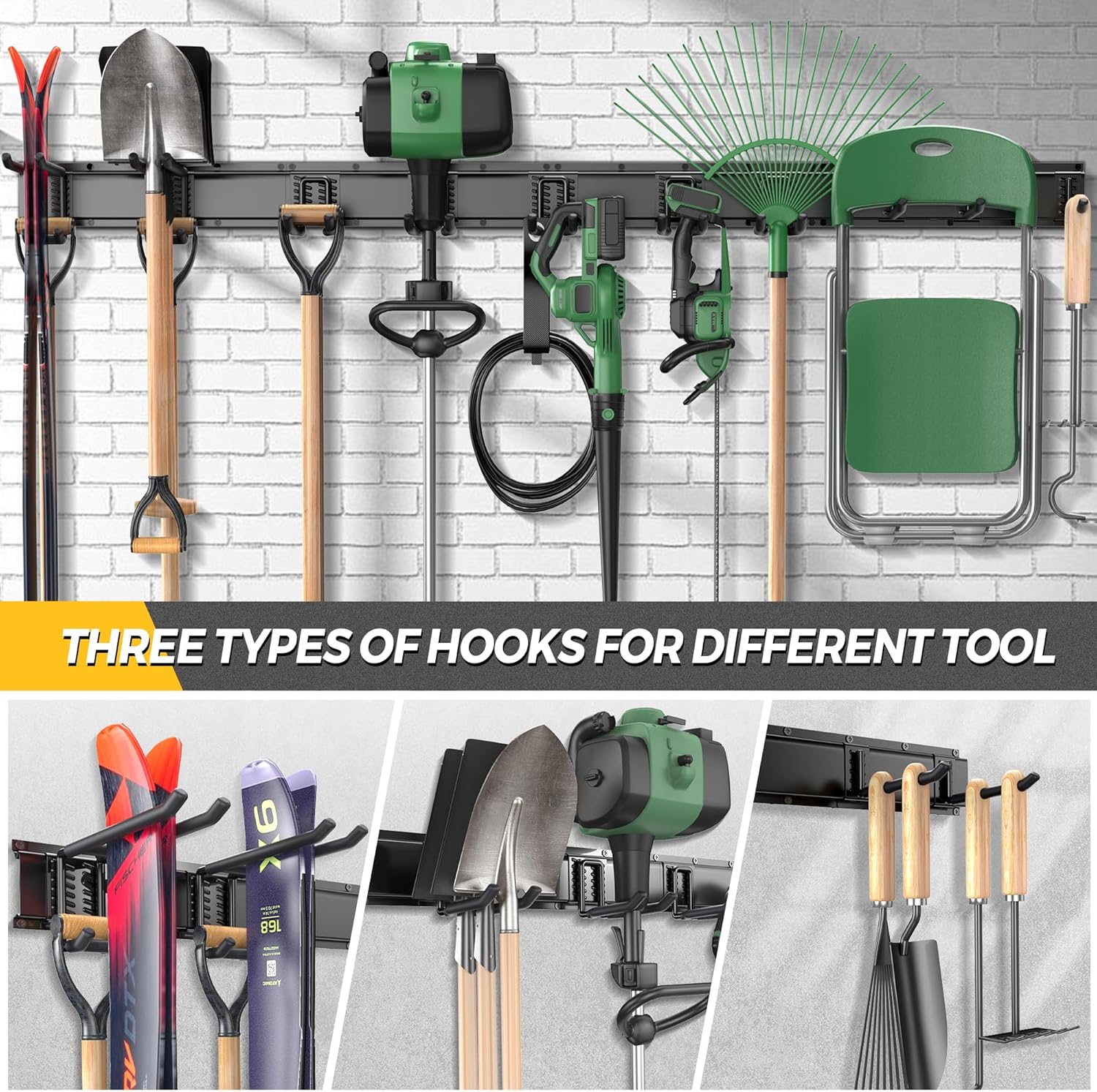 LBT 66" Garage Tool Organizer Wall Mount - 720lbs Garden Tool Organizer with Adjustable Hooks, Heavy Duty Metal Garage Storage Rack, Anti-Rust Shed Rack Holder Hanging Rake Broom Mower Snowboard - Image 5