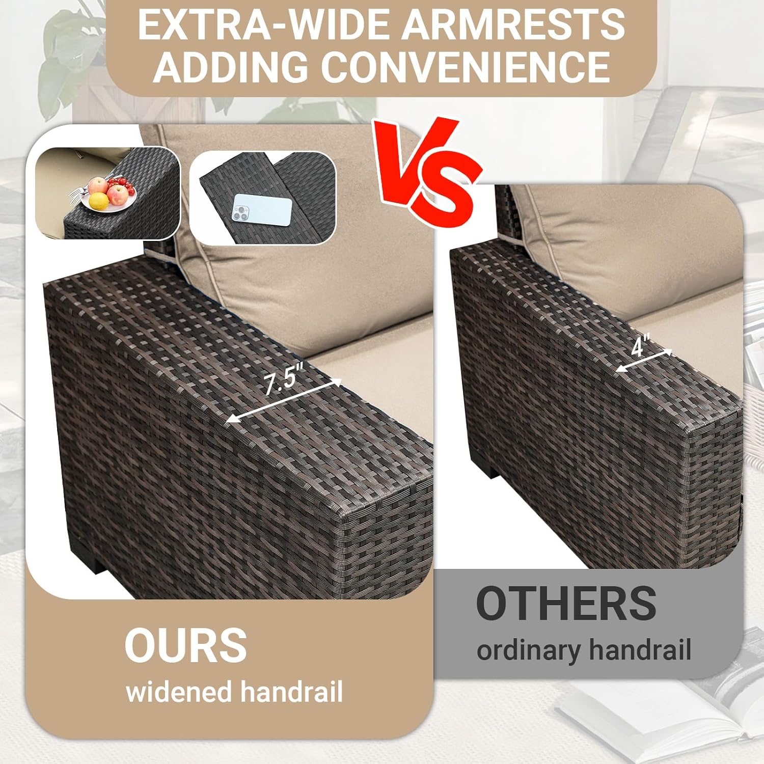 Jing's Villa 6-Piece Patio Furniture Set, All-Weather Outdoor Wicker Sectional Sofa with Cushions, Glass Table & Left and Right Armrest, Rattan Conversation Seating for Porch, Garden, Backyard,Beige - Image 2