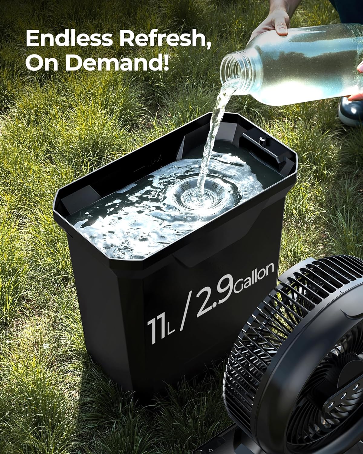 Koonie 10 Inch Camping Misting Fan 11L Tank, 20000mAh Cooling Battery Floor Fan with Remote, 4 Timers, 4 Speeds, 3 Mist Modes, 45°/90° Oscillation, 10° Tilt, Portable for Outdoors Patios, Travel - Image 3
