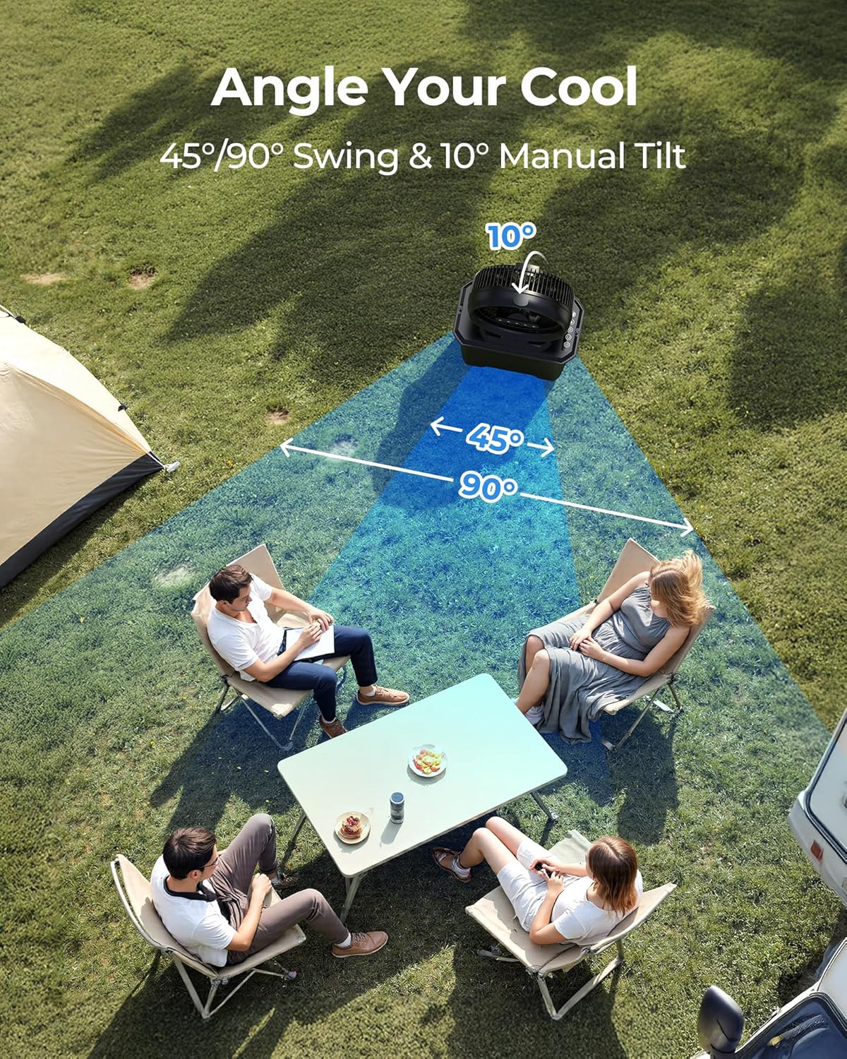 Koonie 10 Inch Camping Misting Fan 11L Tank, 20000mAh Cooling Battery Floor Fan with Remote, 4 Timers, 4 Speeds, 3 Mist Modes, 45°/90° Oscillation, 10° Tilt, Portable for Outdoors Patios, Travel - Image 6