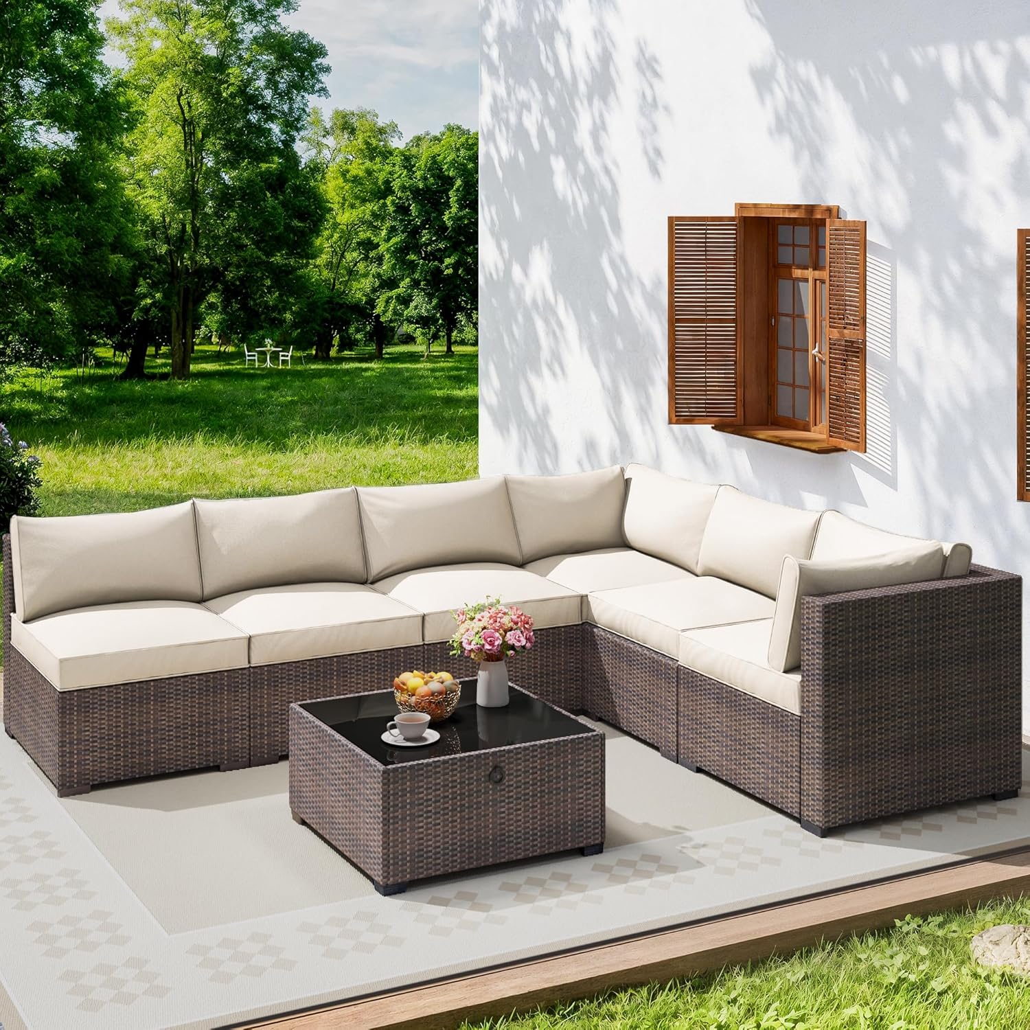 7 Piece Outdoor Patio Furniture Set, Outdoor Sectional Furniture, Rattan & Wicker Modern Modular Conversation Set Sectional Sofa W/Water Resistant Washable Thick Cushions and Coffee Table, Brown/Beige - Image 2