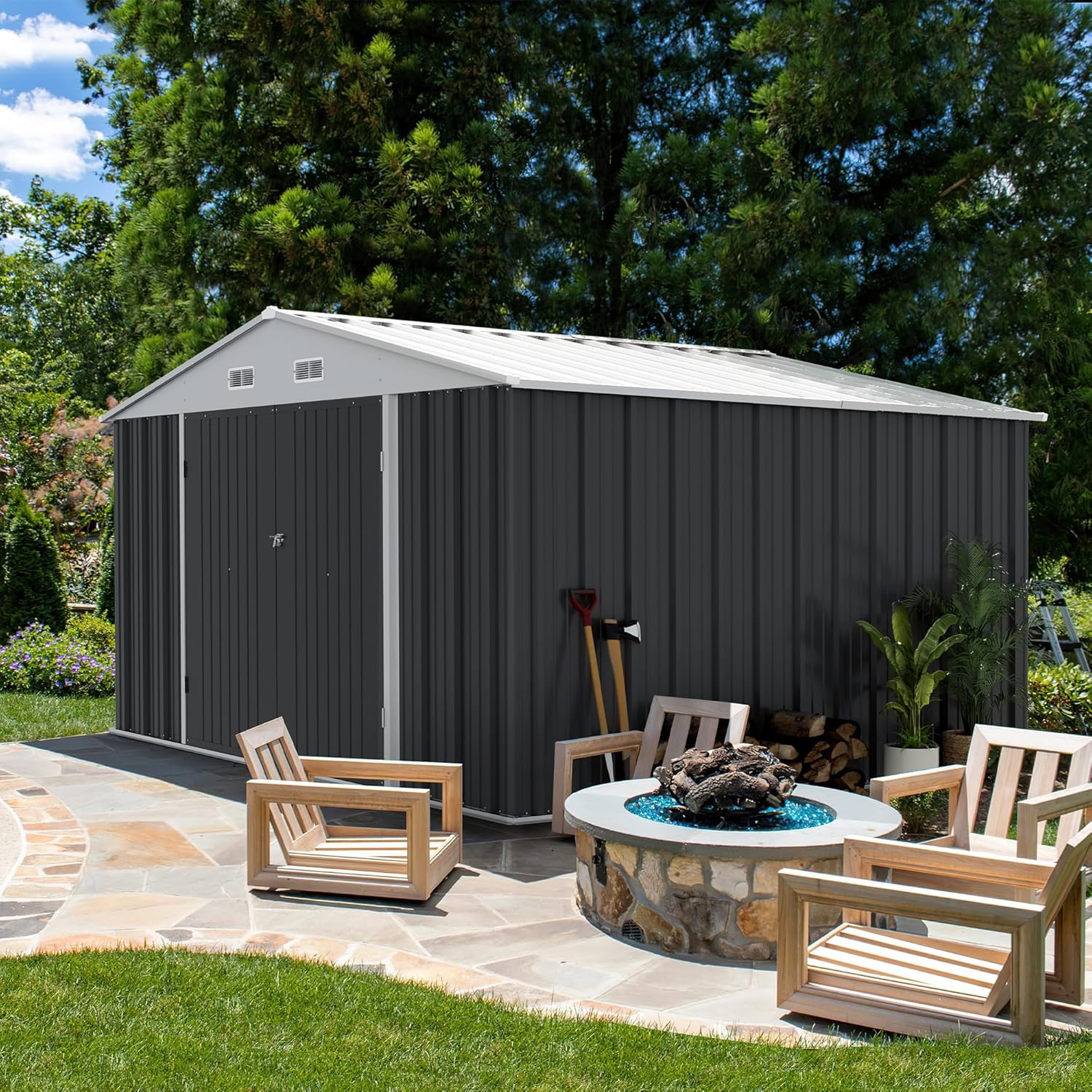 Devoko 10 x 8 FT Outdoor Storage Shed, Metal Garden Sheds & Outdoor Storage Clearance, Large Tool Shed Outdoor with Single Lockable Door for Patio Lawn Backyard (Gray) - Image 2