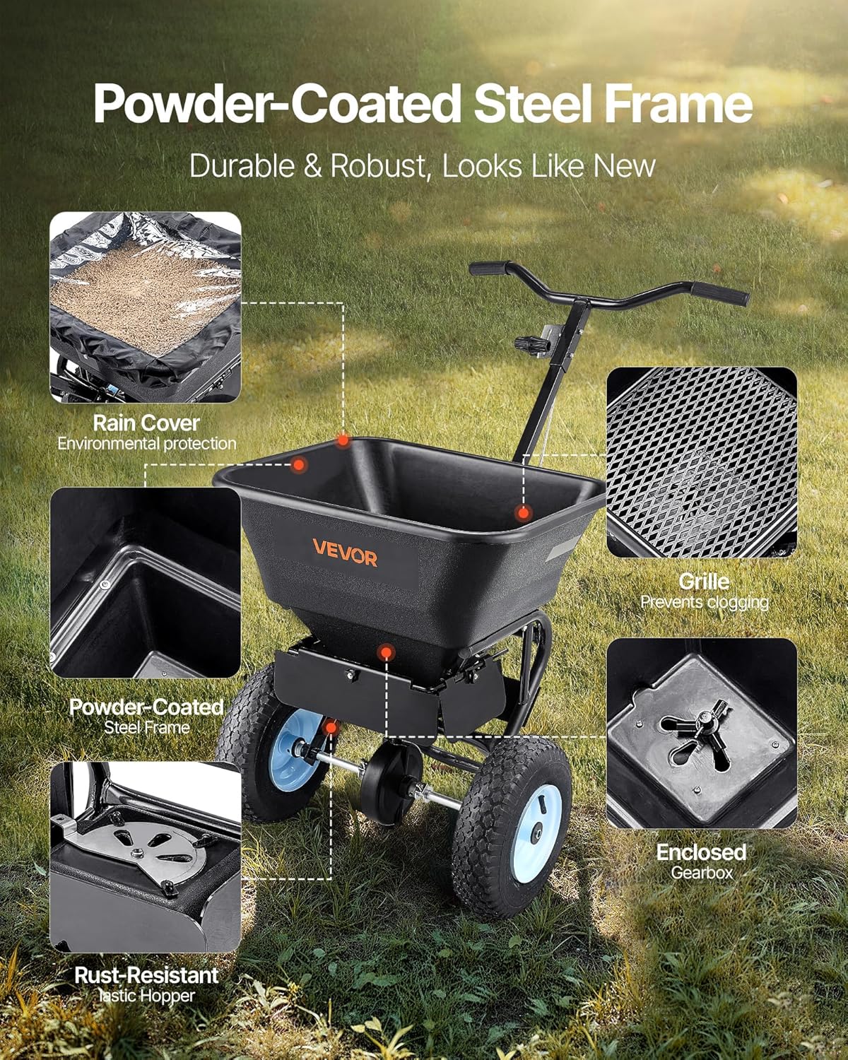 VEVOR Broadcast Spreader, 100LBS Capacity, Walk-Behind Push Spreader, 0-9.8ft Spreading Width, 13 in All Terrain Pneumatic Tires, Fertilizer Spreaders with Hopper Grate, for Seed Salt Ice Melt - Image 4