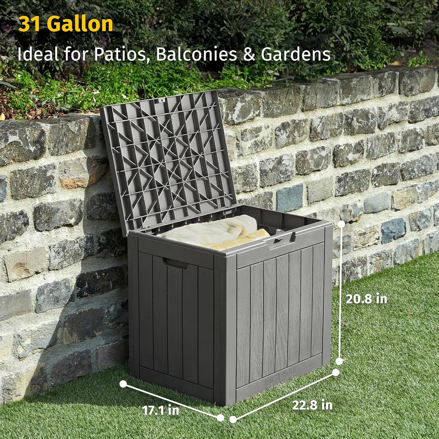 EAST OAK Outdoor Storage Box, 31 Gallon Deck Box Indoor and Outdoor Use, Waterproof Resin Storage Bin for Package Delivery, Patio Cushions, Gardening Tools, Lockable, UV Resistant, Grey - Image 3