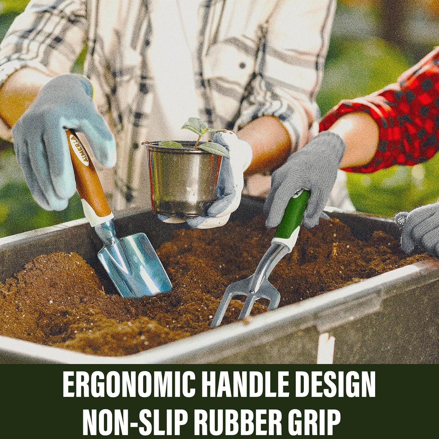 Aimerla Gardening Tools Set of 9 Heavy Duty Garden Tools with Non-Slip Rubber Grip with Large Garden Bag for Tools Durable Hand Tools for Gardening, Weeding,Gardening Gifts for Women,Men (Dark Green) - Image 2