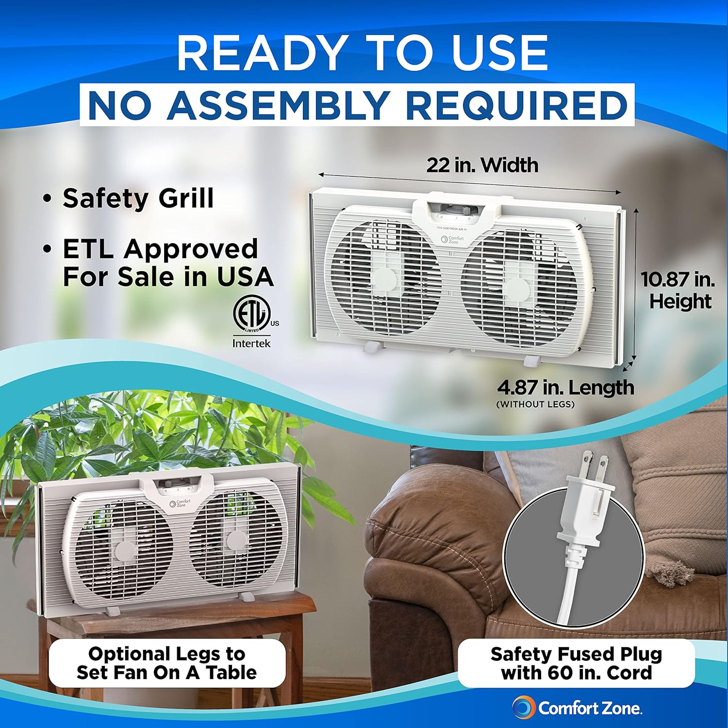 Comfort Zone Twin Window Fan with Reversible Airflow Control, 9 inch, Auto-Locking Expanders, 2 Speed Fan, Dual Fan, Exhaust, Airflow 9.84 ft/sec, Ideal for Home, Kitchen, Bedroom & Office, CZ319WT - Image 6
