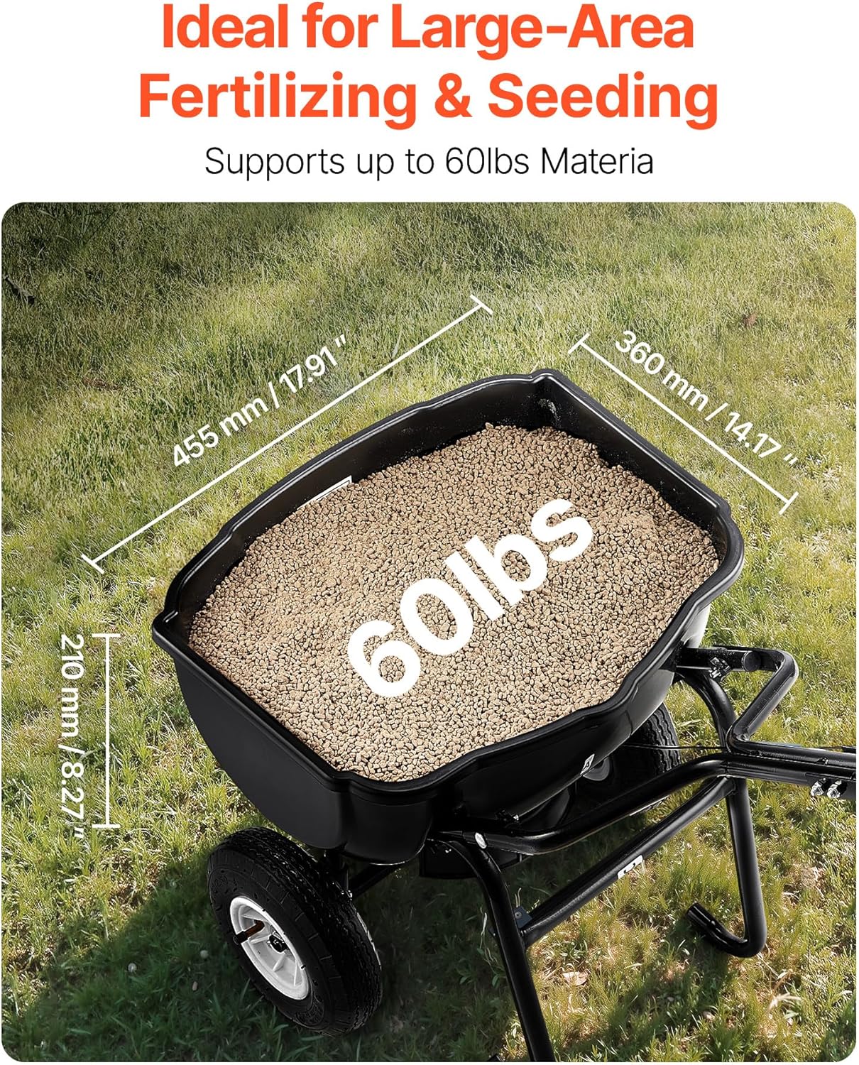VEVOR Walk Behind Spreader, 60LBS Capacity, Push Spreader with Hopper Grate, 0-9.8 ft Spreading Width, 8 in All Terrain Pneumatic Tires, Garden & Lawn Broadcast Spreaders, for Seed, Fertilizer - Image 3