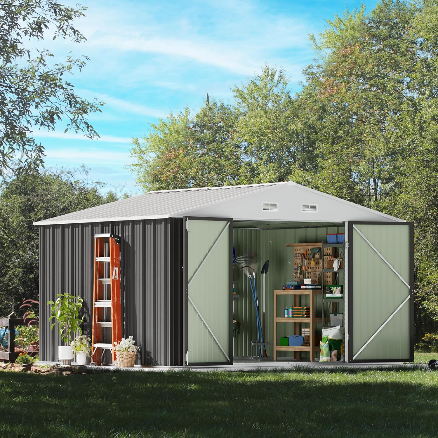 Devoko 10 x 8 FT Outdoor Storage Shed, Metal Garden Sheds & Outdoor Storage Clearance, Large Tool Shed Outdoor with Single Lockable Door for Patio Lawn Backyard (Gray) - Image 3