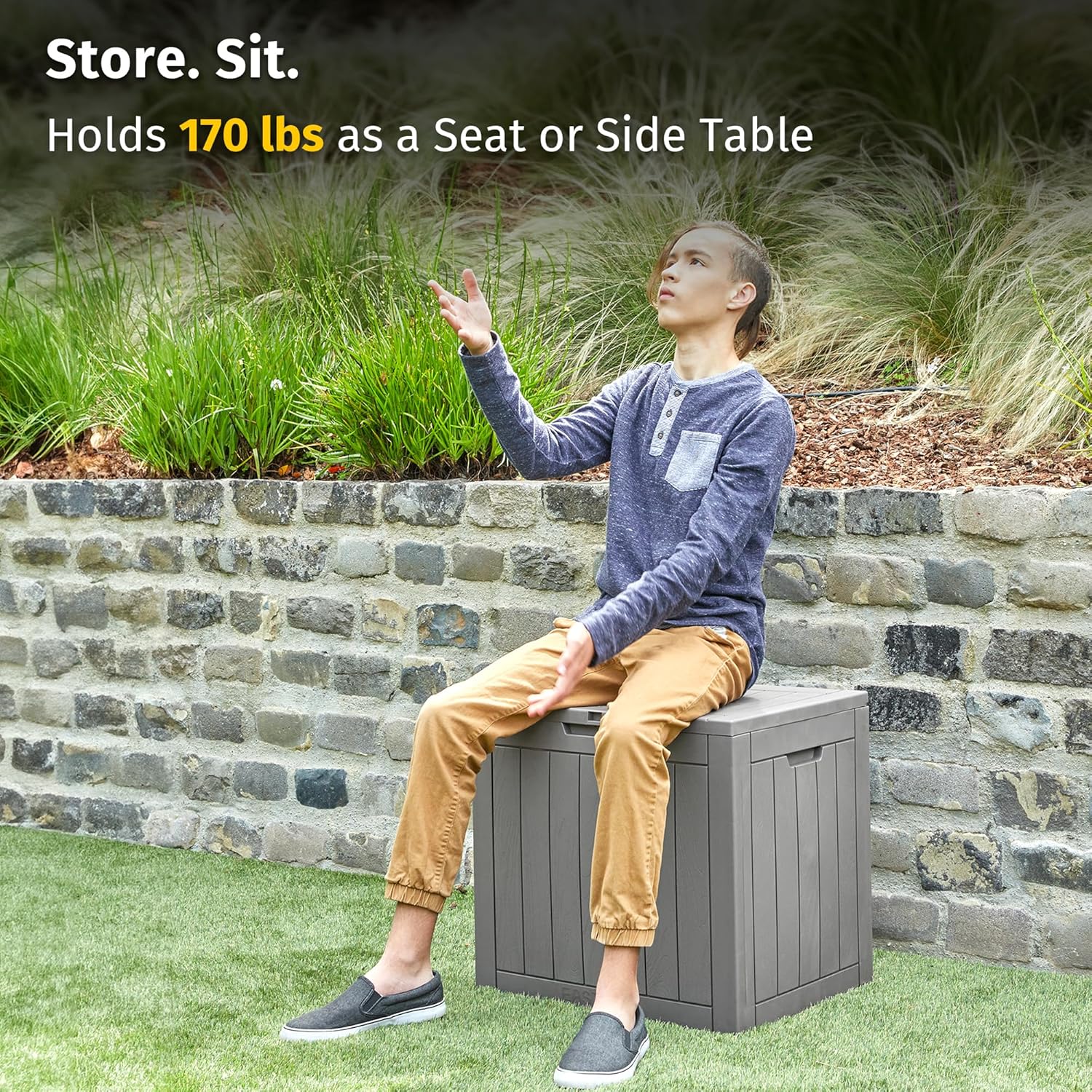 EAST OAK Outdoor Storage Box, 31 Gallon Deck Box Indoor and Outdoor Use, Waterproof Resin Storage Bin for Package Delivery, Patio Cushions, Gardening Tools, Lockable, UV Resistant, Grey - Image 4