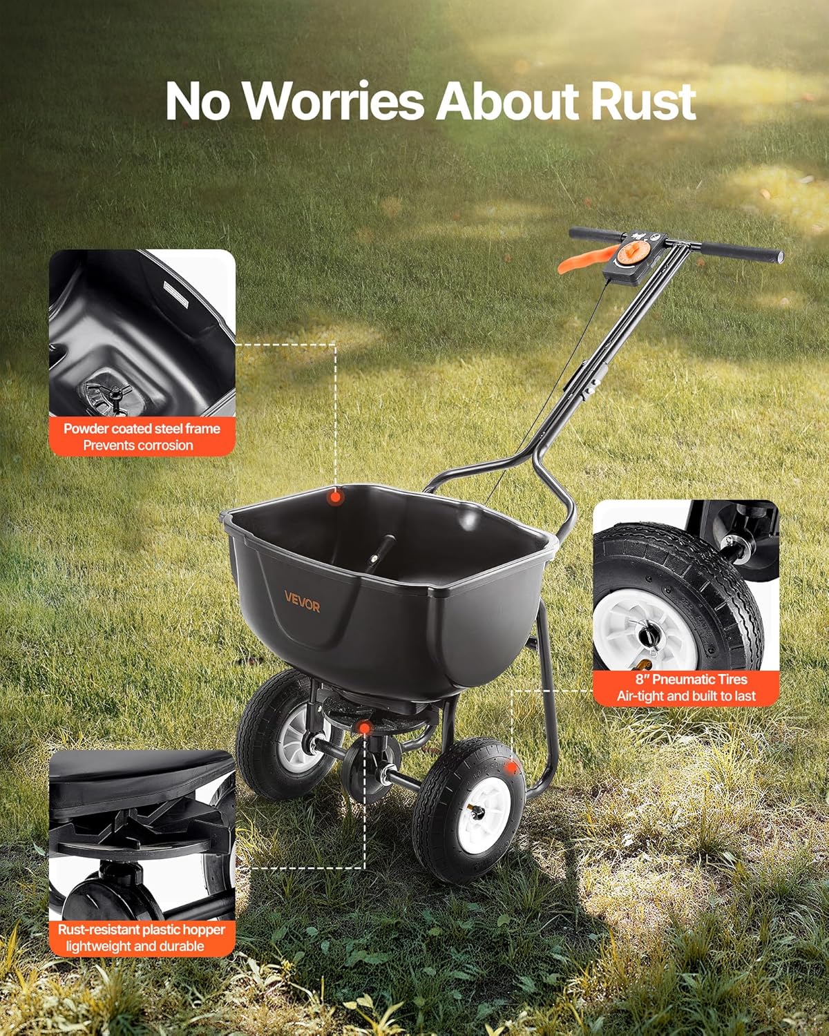 VEVOR Walk Behind Spreader, 60LBS Capacity, Push Spreader with Hopper Grate, 0-9.8 ft Spreading Width, 8 in All Terrain Pneumatic Tires, Garden & Lawn Broadcast Spreaders, for Seed, Fertilizer - Image 5