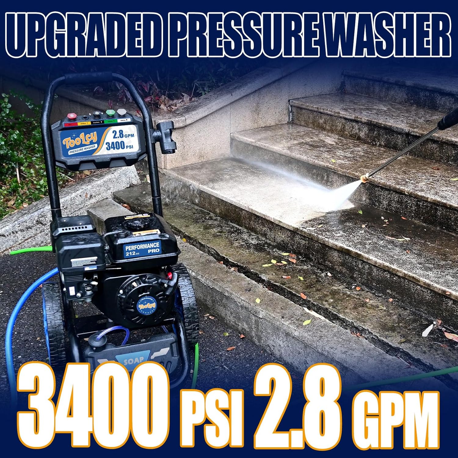 TOOLCY 3400 PSI Gas Pressure Washer, 2.8 GPM Gas Powered Power Washer with Soap Tank, Reinforced Pump & 212cc OHV Engine, 35 FT Pressure Hose, Quick Connect Swivel Pressure Gun, 5 Nozzles for Homes - Image 2