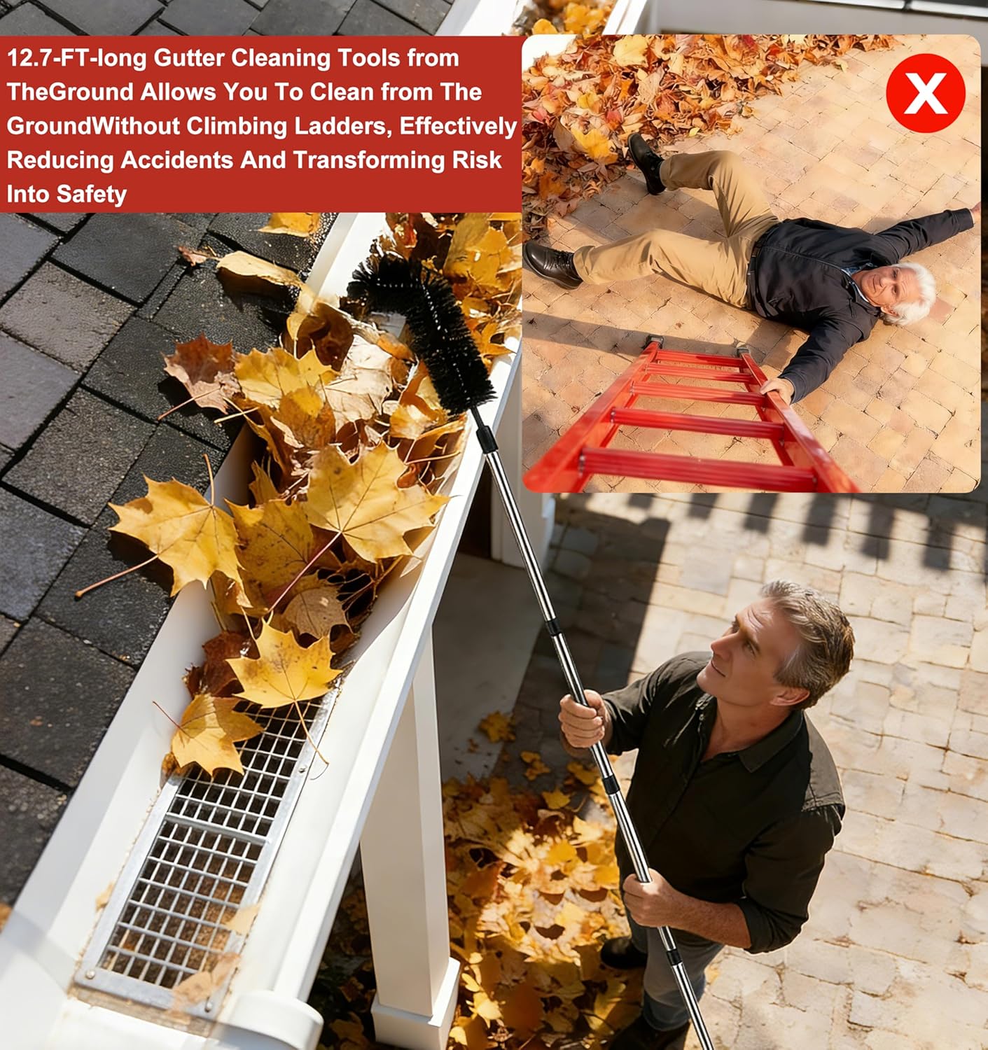 Gutter Cleaning Tools From The Ground - 12.7-Foot Adjustable Gutter Cleaner Tools with Bendable Nylon Brush,No Ladder Needed—Makes it Easy To Clean Leaves, Branches And Debris from Gutters - Image 3