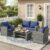 Wisteria Lane 4 Piece Patio Furniture Set, Wicker Outdoor Patio Conversation Furniture Set, All Weather Outdoor Patio Sofa with Cushion and Glass Table, Navy Blue